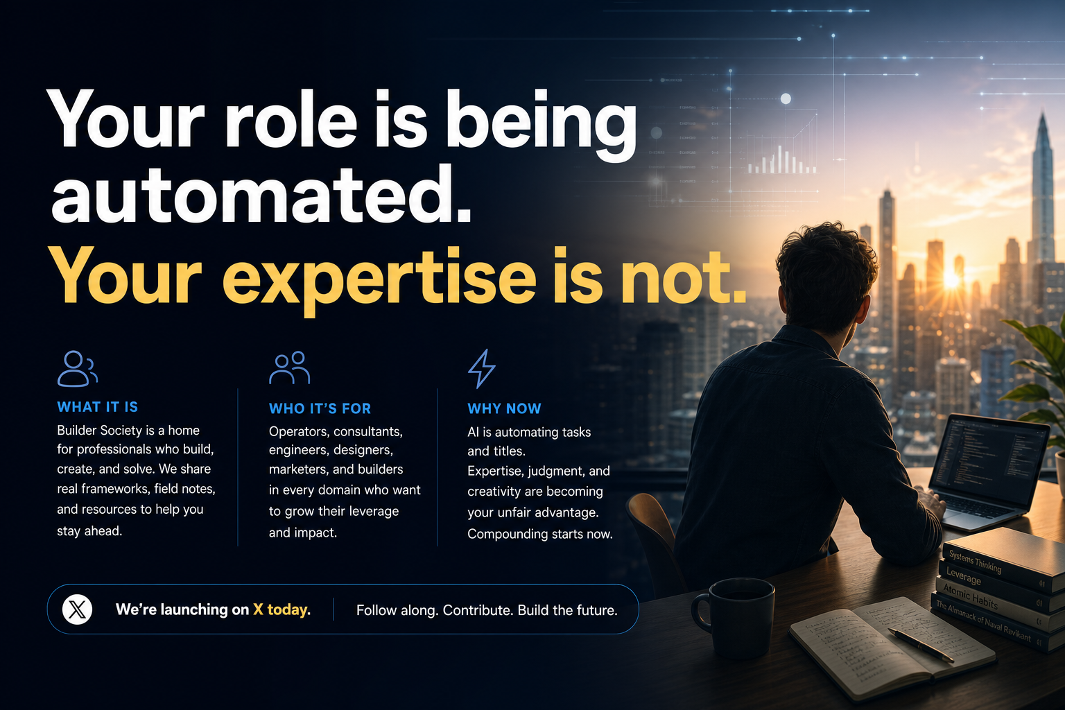Cover image with crisp tagline centered over a dark gradient; minimal icons, steady, confident feel.